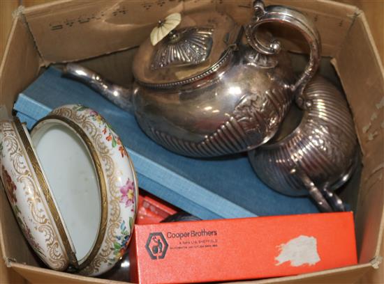 A box of plated wares and a porcelain casket